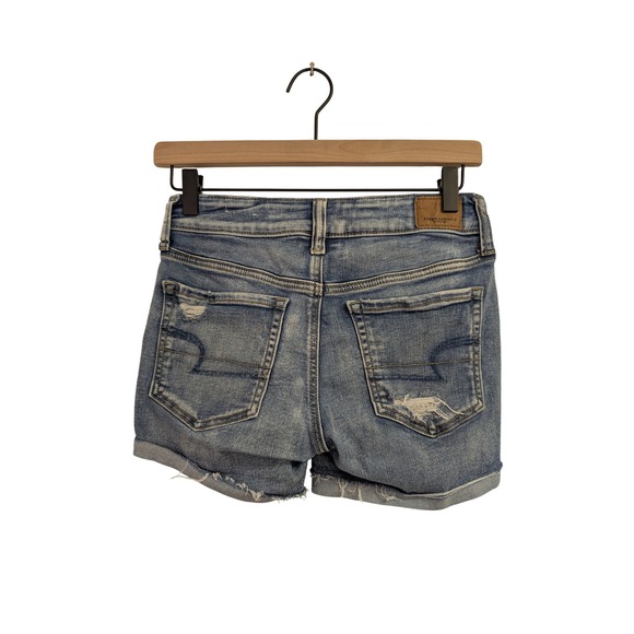 American Eagle Midi Shorts Distressed Crochet Lace Denim Boho Medium Wash 4 - Picture 5 of 6